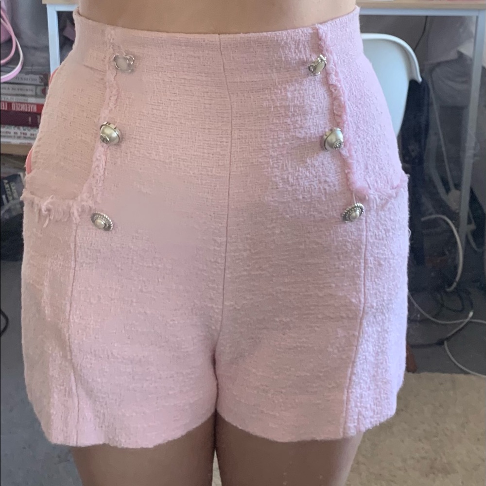 Zara Rare Pink Tweed Shorts with Silver Buttons L - Picture 11 of 11